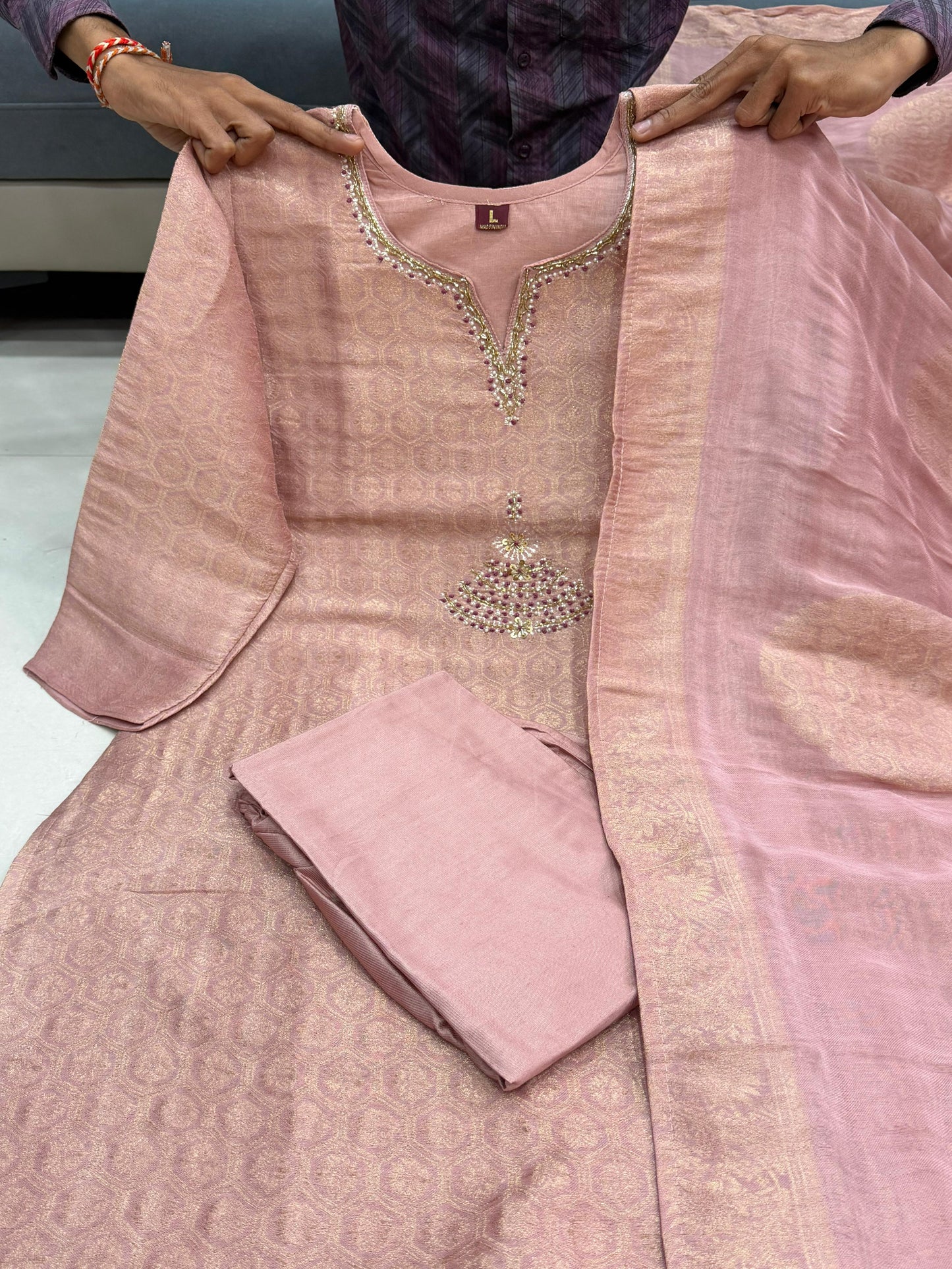 Pure Kanjivaram Glass Tissue Suit Set with Hand Zari Work & Dupatta