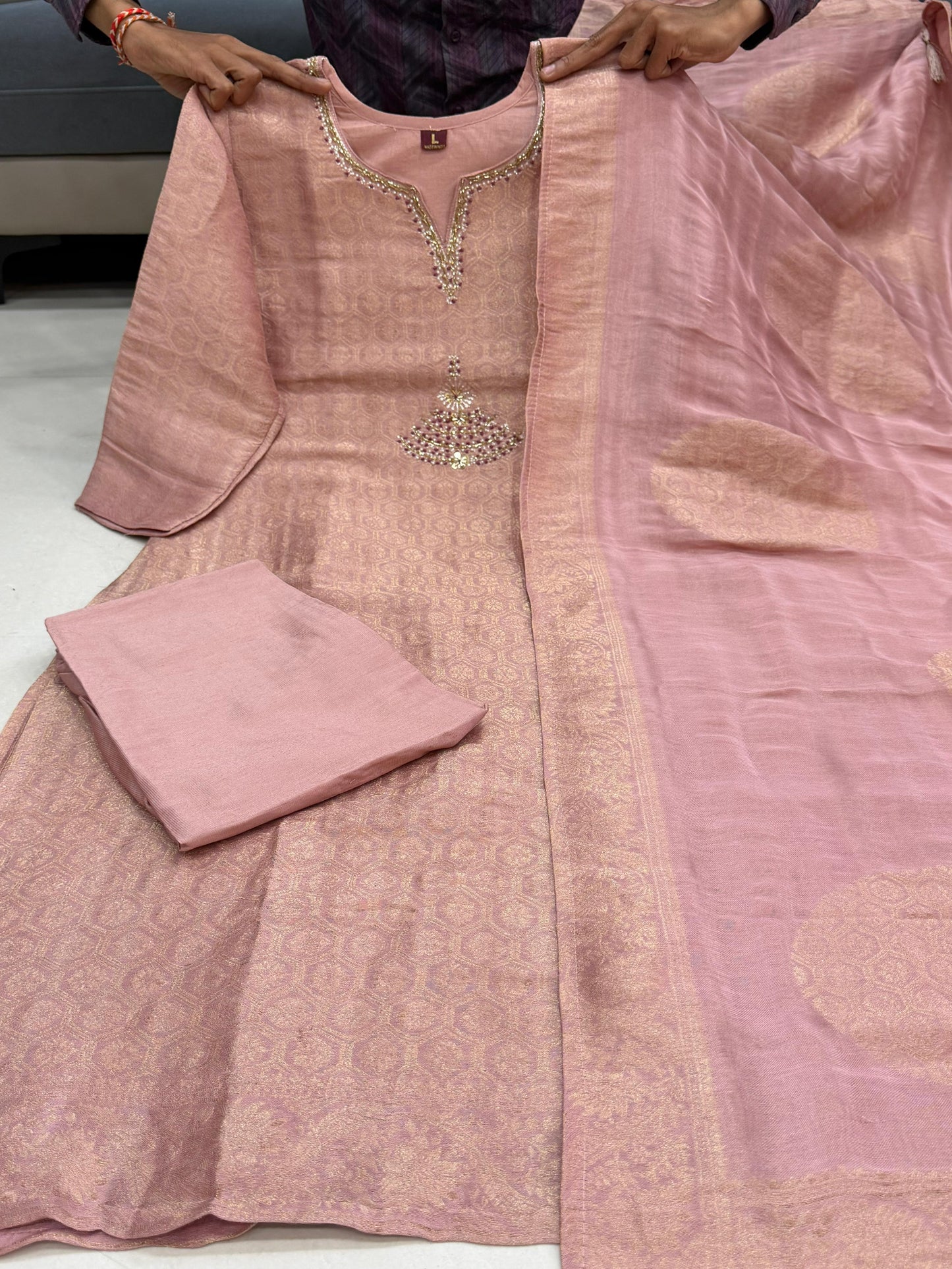 Pure Kanjivaram Glass Tissue Suit Set with Hand Zari Work & Dupatta