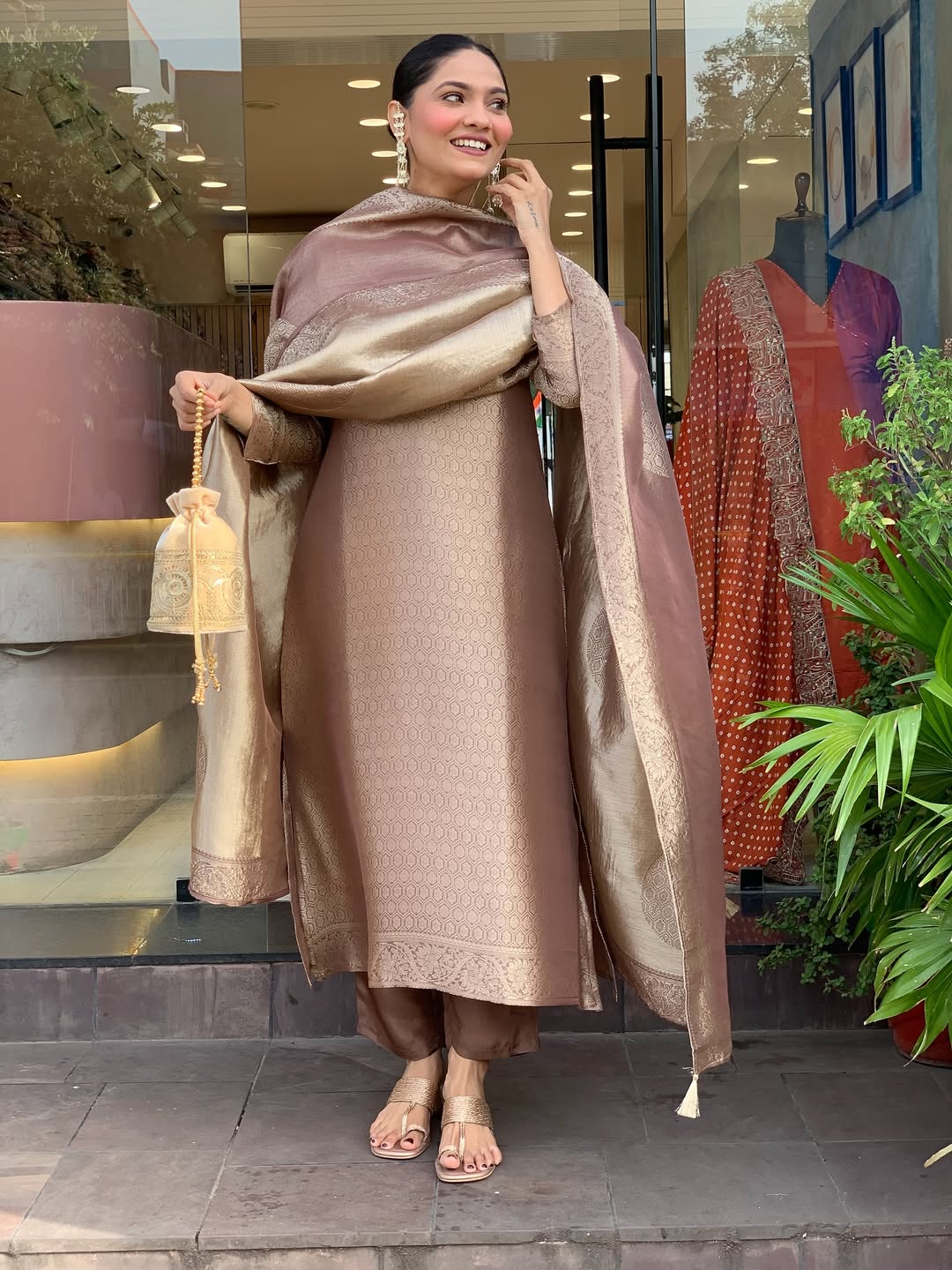 Pure Kanjivaram Glass Tissue Suit Set with Hand Zari Work & Dupatta