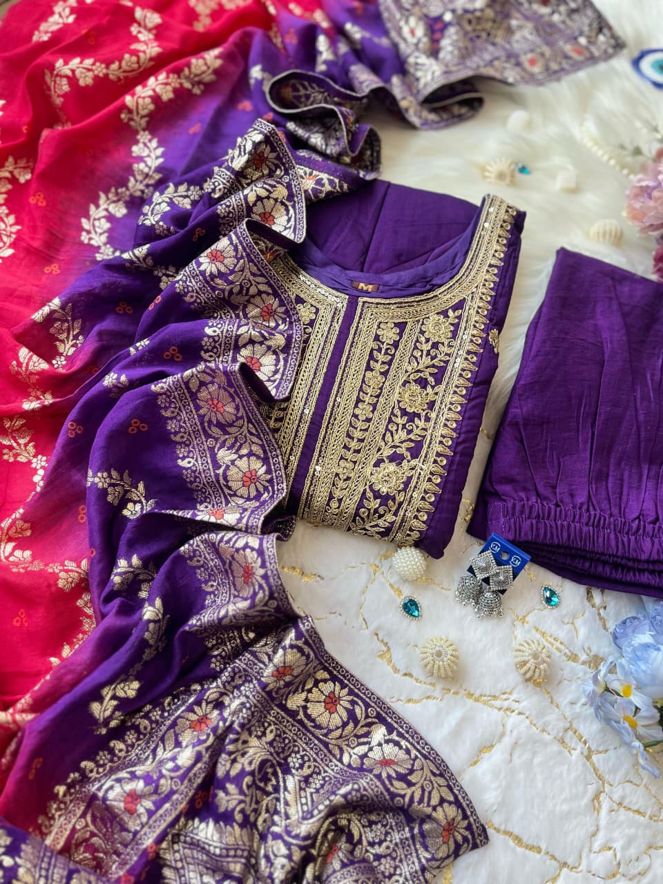 Jashn-E-Bahaaraa Purple Anarkali Suit Set with Banarasi Dupatta