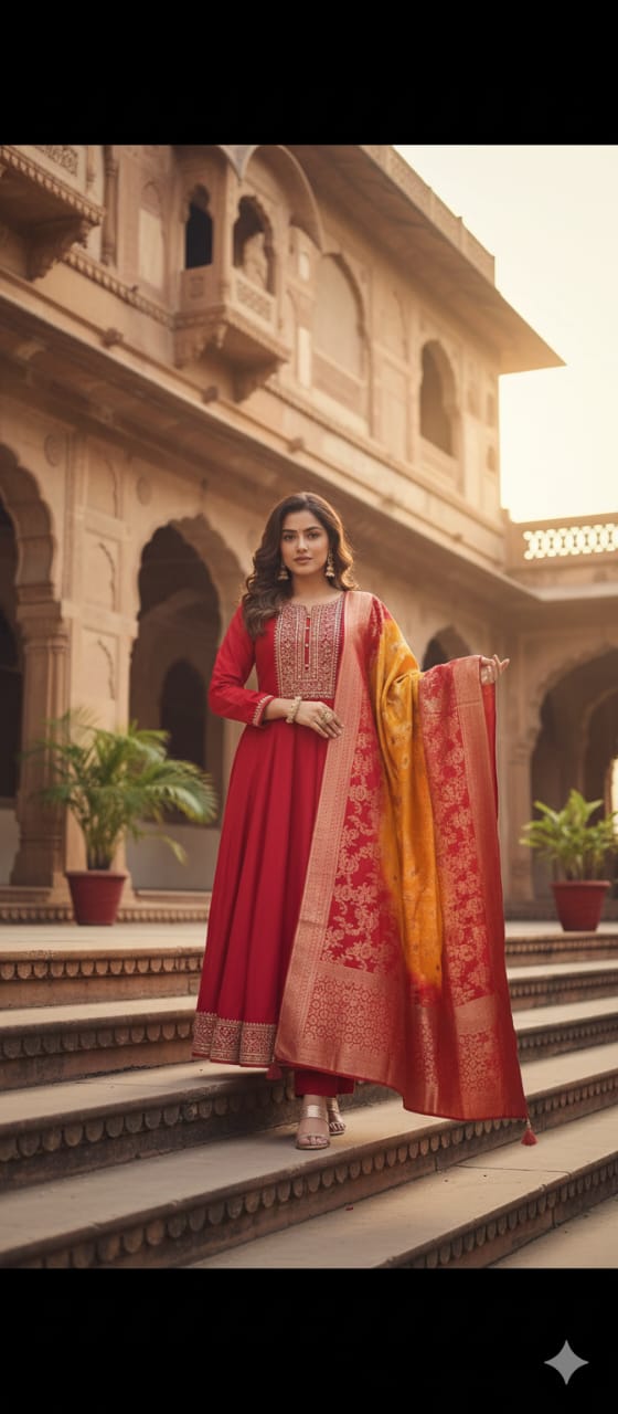 Jashn-E-Bahaaraa Red Anarkali Suit Set with Banarasi Dupatta