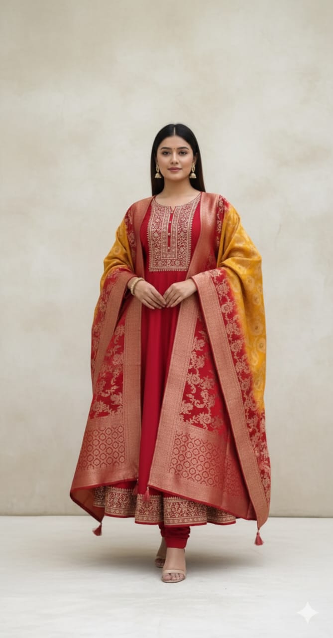 Jashn-E-Bahaaraa Red Anarkali Suit Set with Banarasi Dupatta