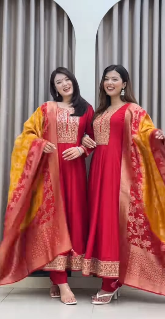 Jashn-E-Bahaaraa Red Anarkali Suit Set with Banarasi Dupatta