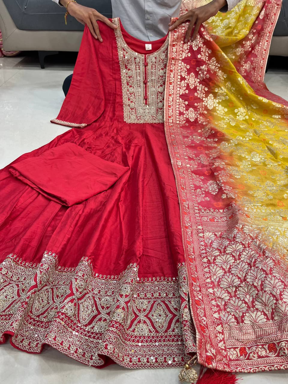 Jashn-E-Bahaaraa Red Anarkali Suit Set with Banarasi Dupatta