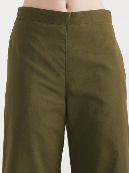 Women Olive Green Airy Linen Wide Leg Pant