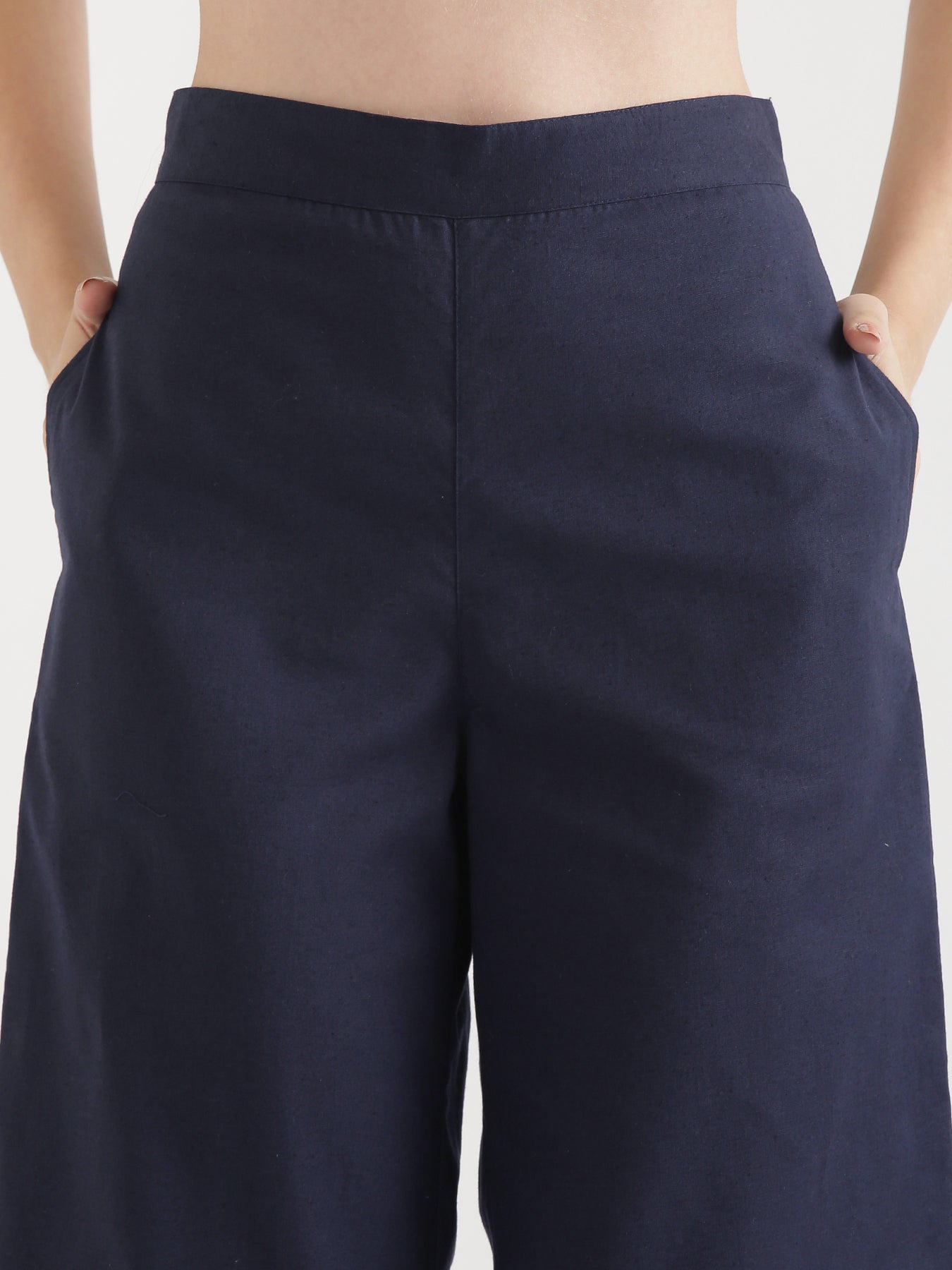 Women Navy Blue Airy Linen Wide Leg Pant