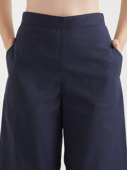 Women Navy Blue Airy Linen Wide Leg Pant