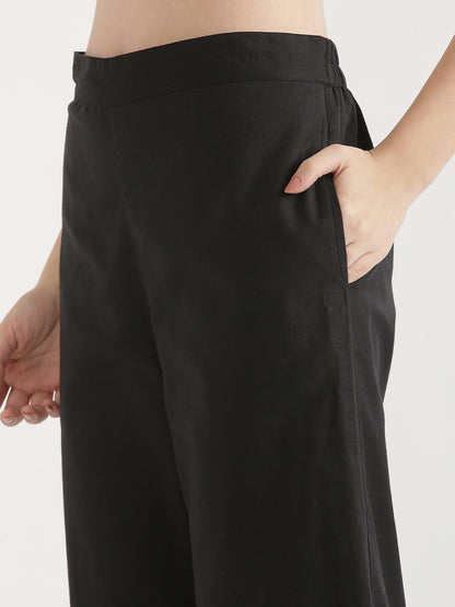 Women Black Airy Linen Wide Leg Pant