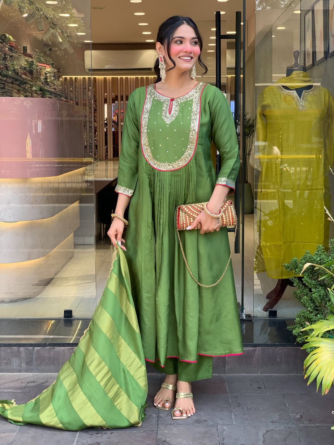 Premium Green Maheshwari Silk Suit Set with Banarasi Dupatta