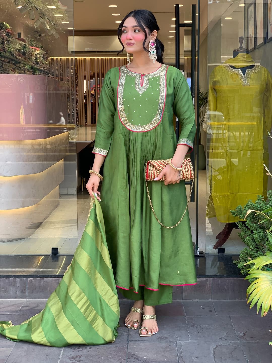 Premium Green Maheshwari Silk Suit Set with Banarasi Dupatta