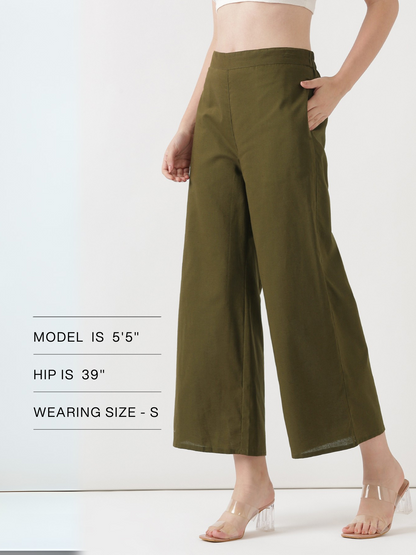 Women Olive Green Airy Linen Wide Leg Pant