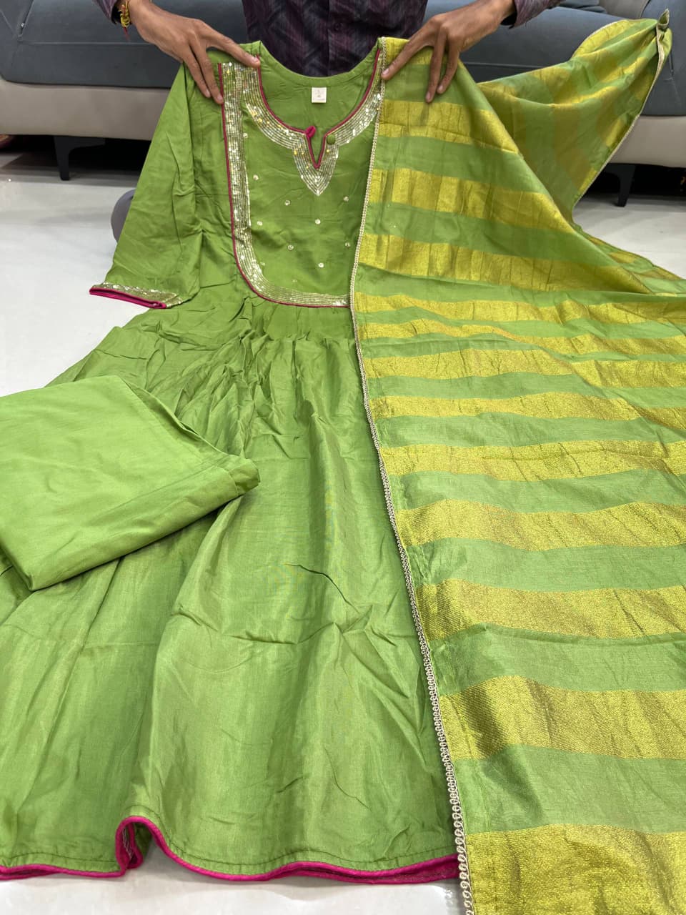 Premium Green Maheshwari Silk Suit Set with Banarasi Dupatta