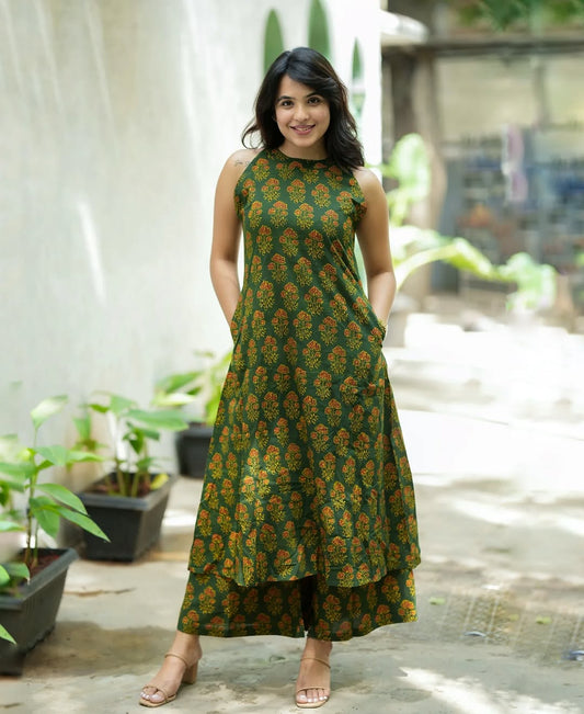 Women’s Green Printed Cotton Halter Neck Kurta Palazzo Set