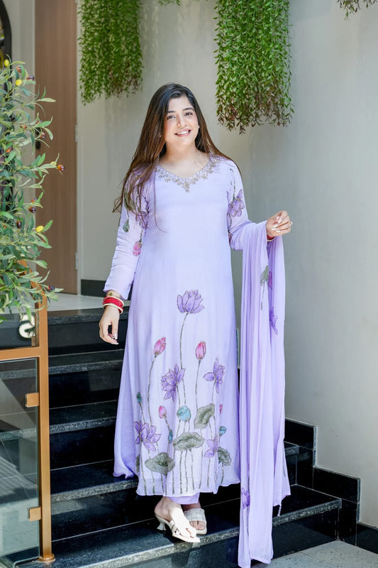 Premium Chinon Lavender A-Line Kurta Set with Dupatta