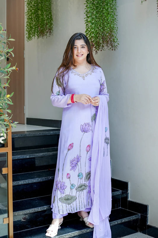 Premium Chinon Lavender A-Line Kurta Set with Dupatta
