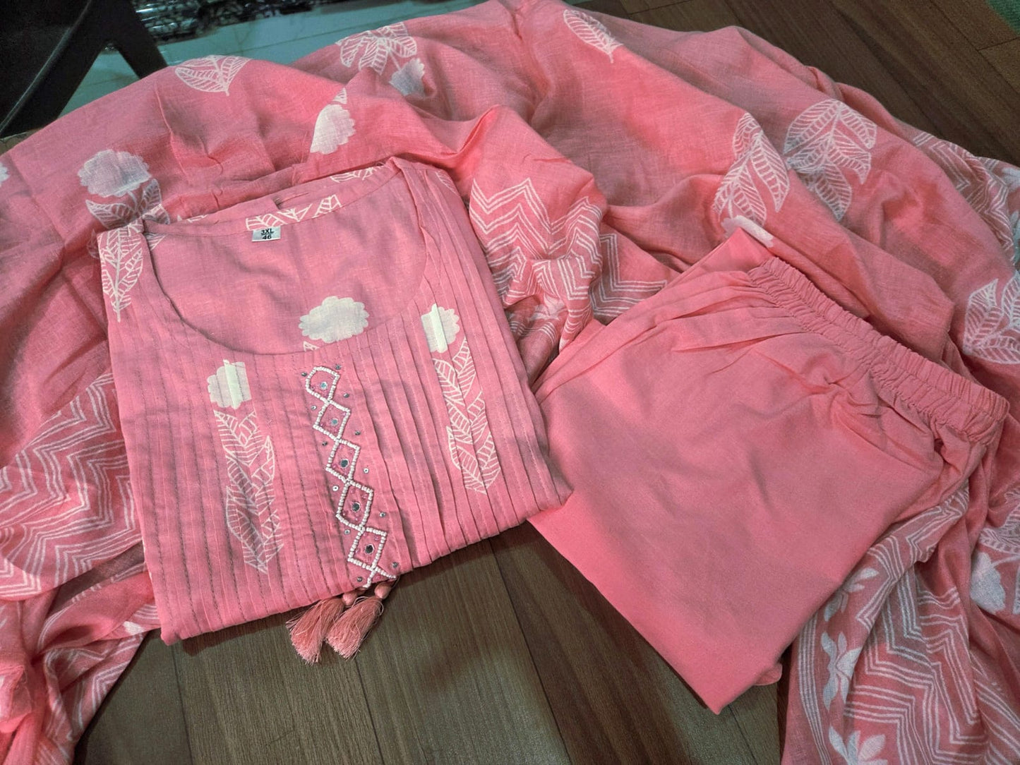Premium Baby Pink Cotton Kurti Pant Dupatta Set