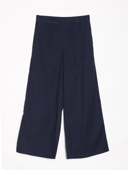 Women Navy Blue Airy Linen Wide Leg Pant