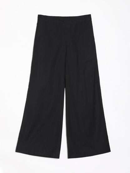 Women Black Airy Linen Wide Leg Pant