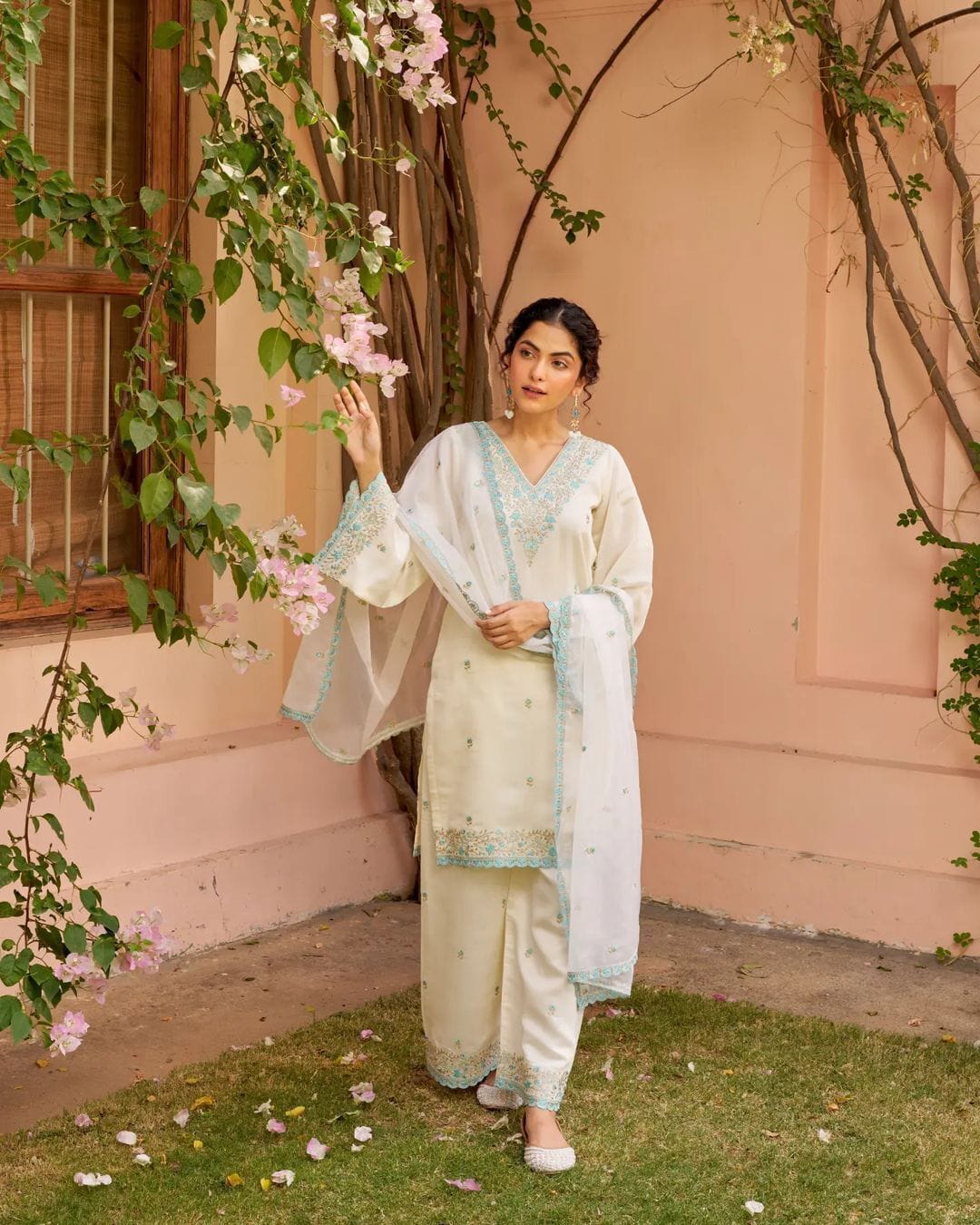 Premium Chanderi Silk Suit Set with Sky Blue Embroidery and Dupatta