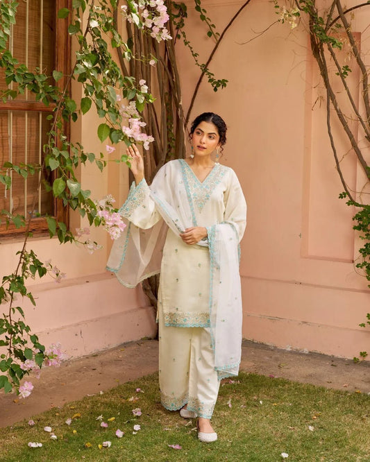 Premium Chanderi Silk Suit Set with Sky Blue Embroidery and Dupatta