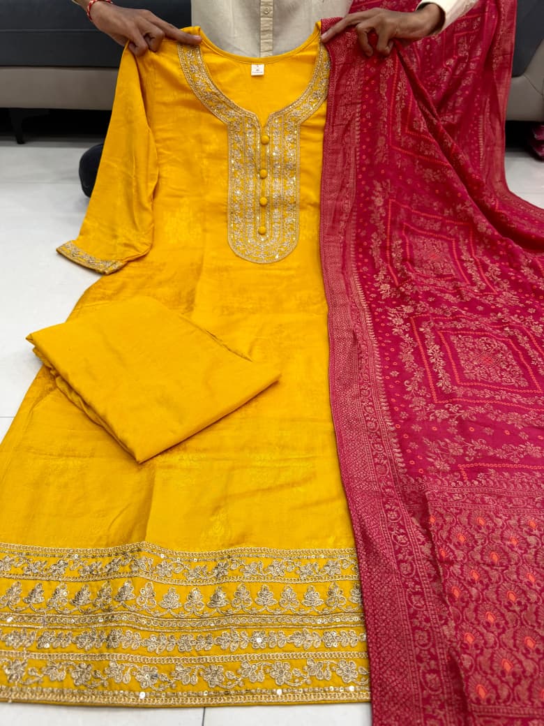 Zari Work Special Yellow Banarasi Suit Set with Dupatta