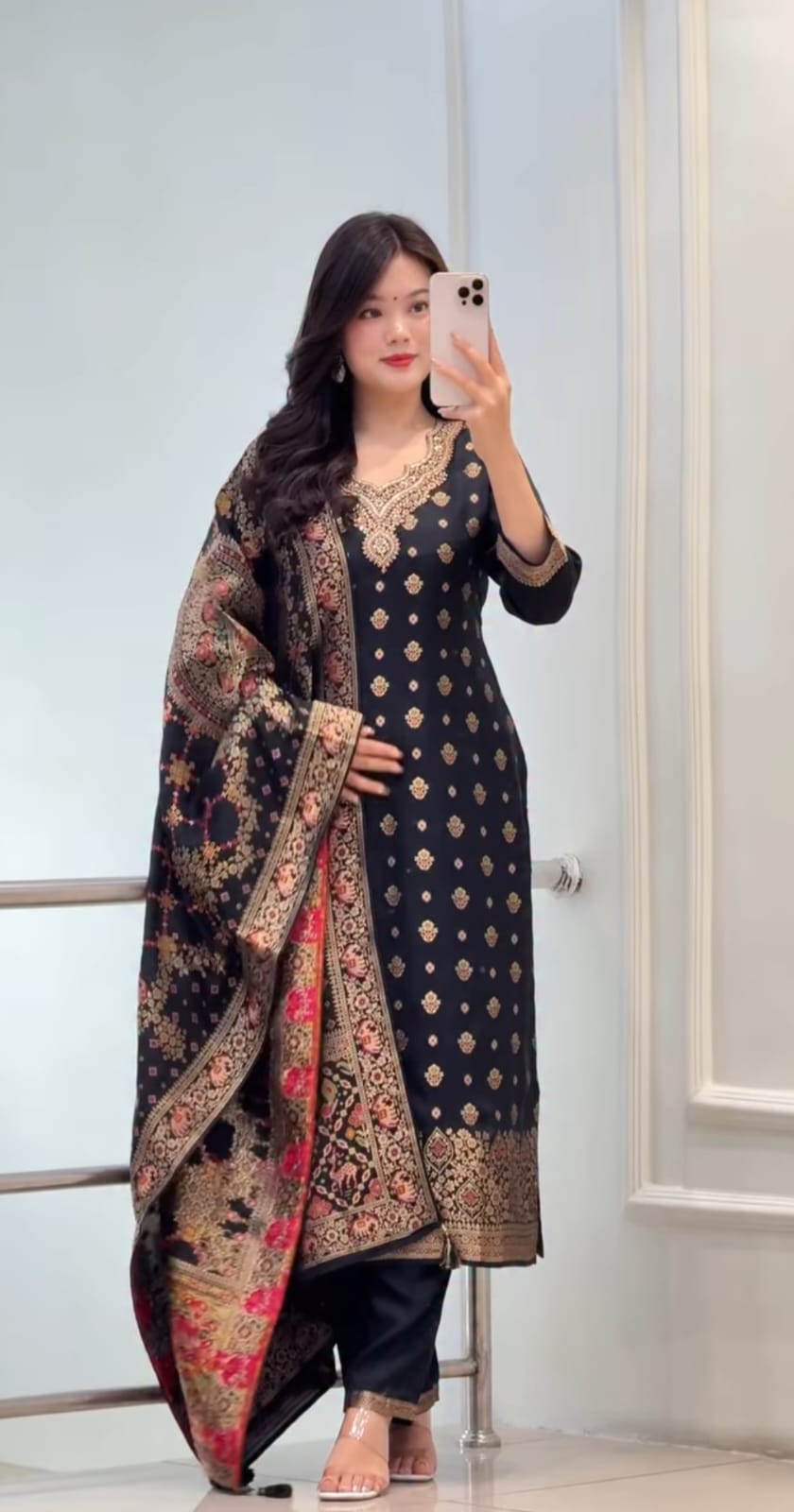 Premium Black Kanjivaram Glass Tissue Suit Set with Dupatta