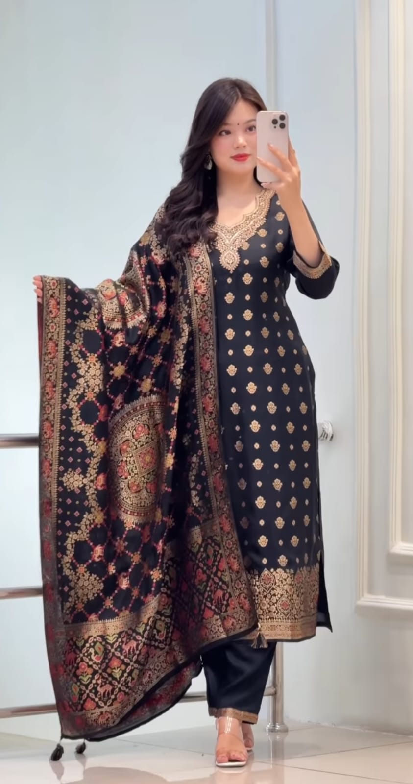 Premium Black Kanjivaram Glass Tissue Suit Set with Dupatta