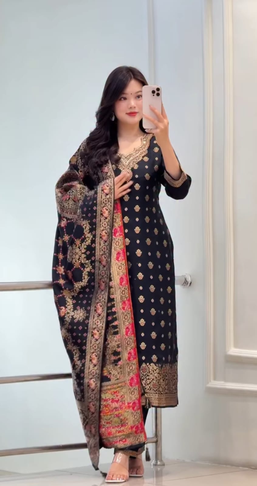 Premium Black Kanjivaram Glass Tissue Suit Set with Dupatta