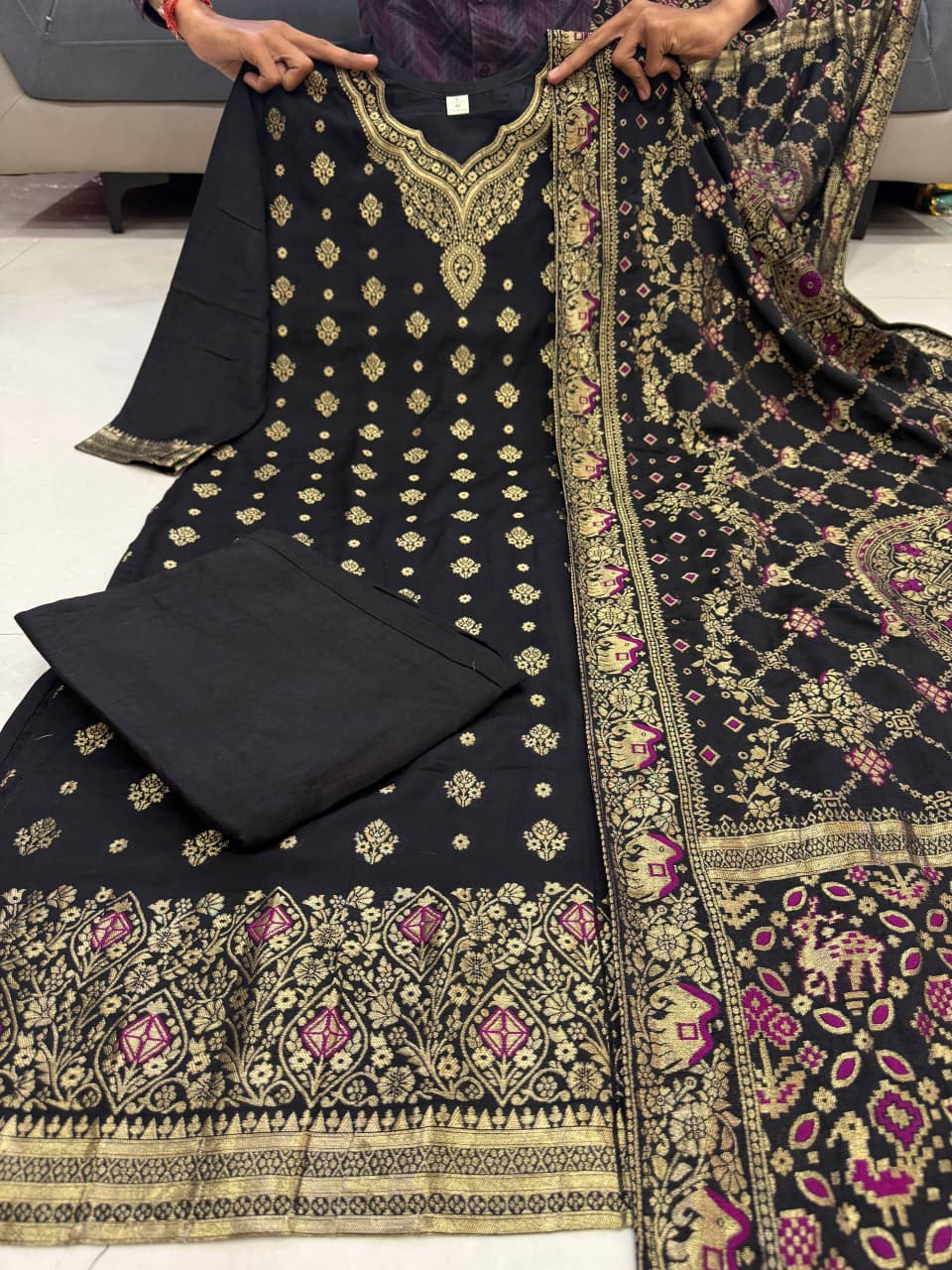 Premium Black Kanjivaram Glass Tissue Suit Set with Dupatta