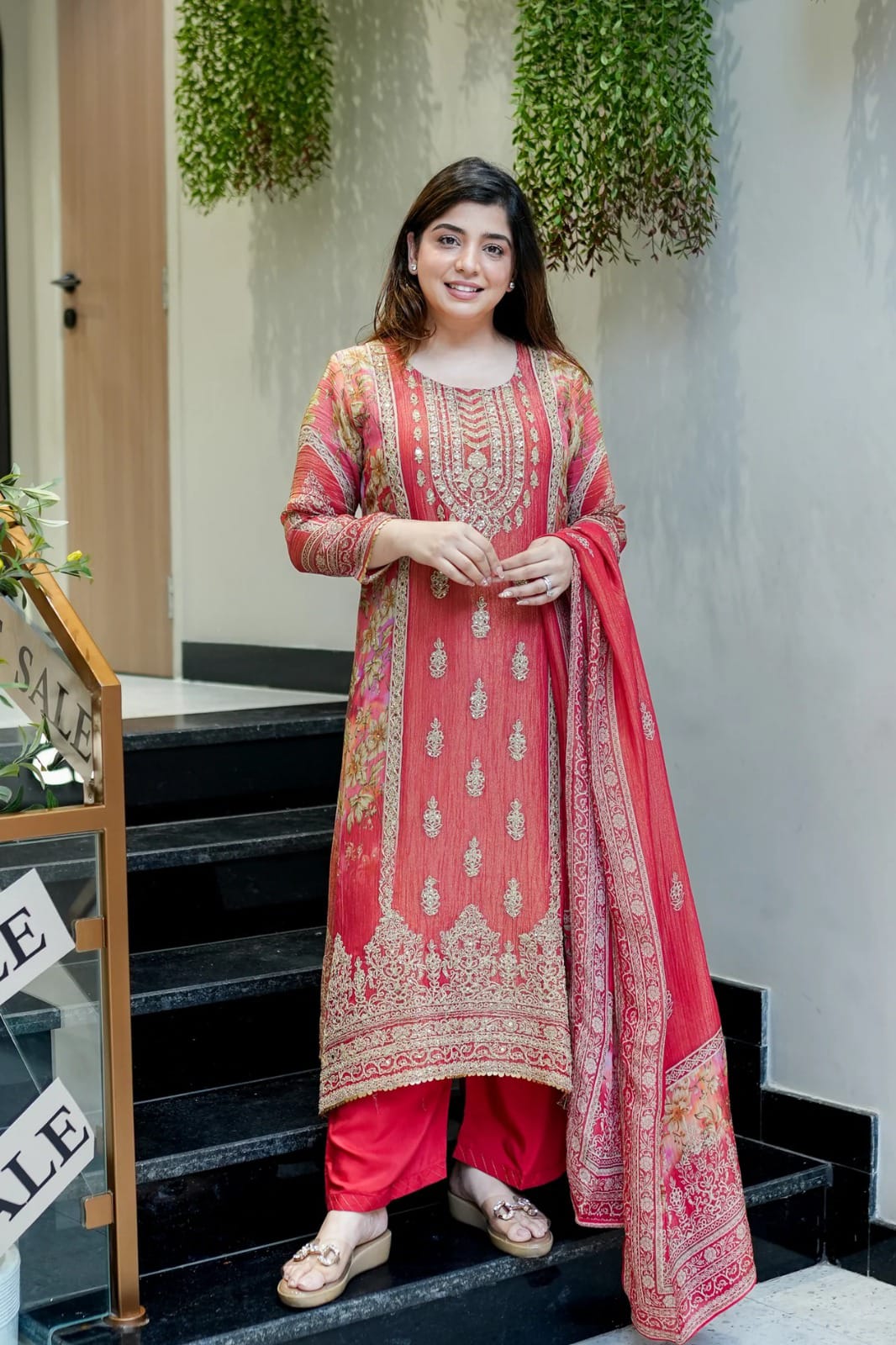 Premium Red Chinon Kurti Pant Dupatta Set