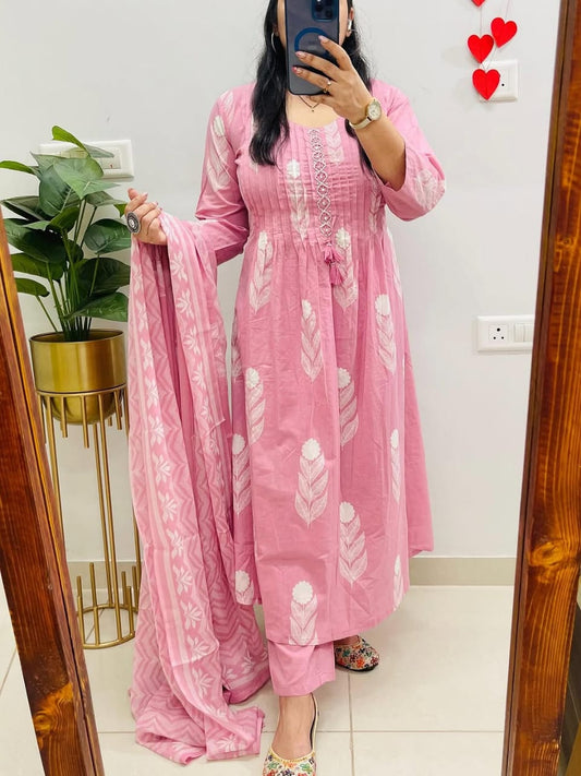 Premium Baby Pink Cotton Kurti Pant Dupatta Set