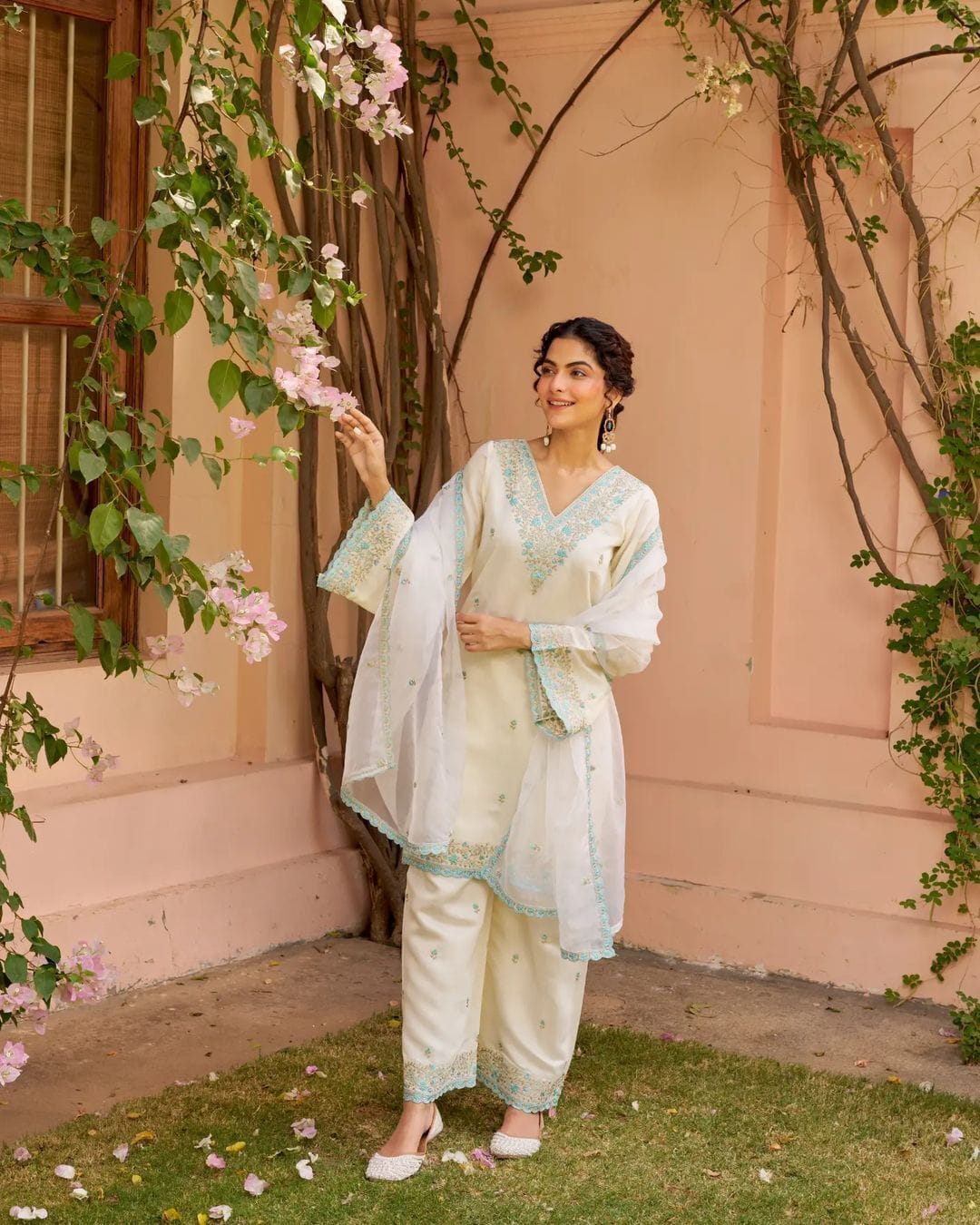 Premium Chanderi Silk Suit Set with Sky Blue Embroidery and Dupatta