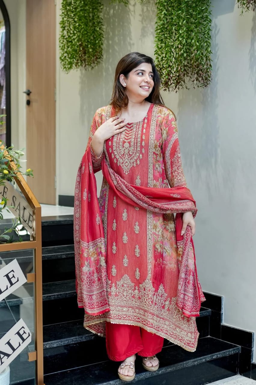 Premium Red Chinon Kurti Pant Dupatta Set