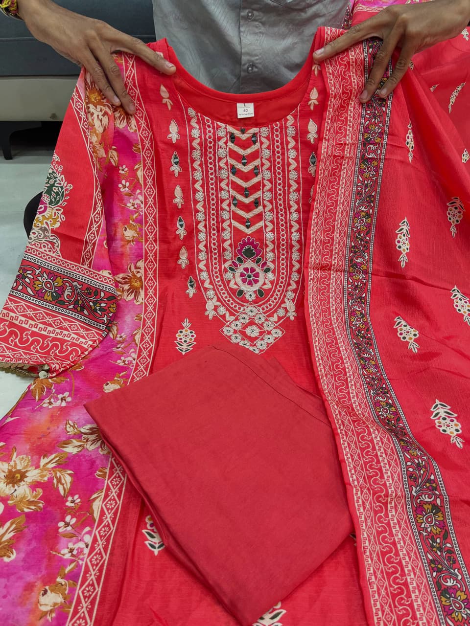 Premium Red Chinon Kurti Pant Dupatta Set