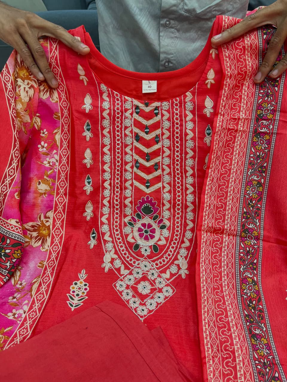 Premium Red Chinon Kurti Pant Dupatta Set