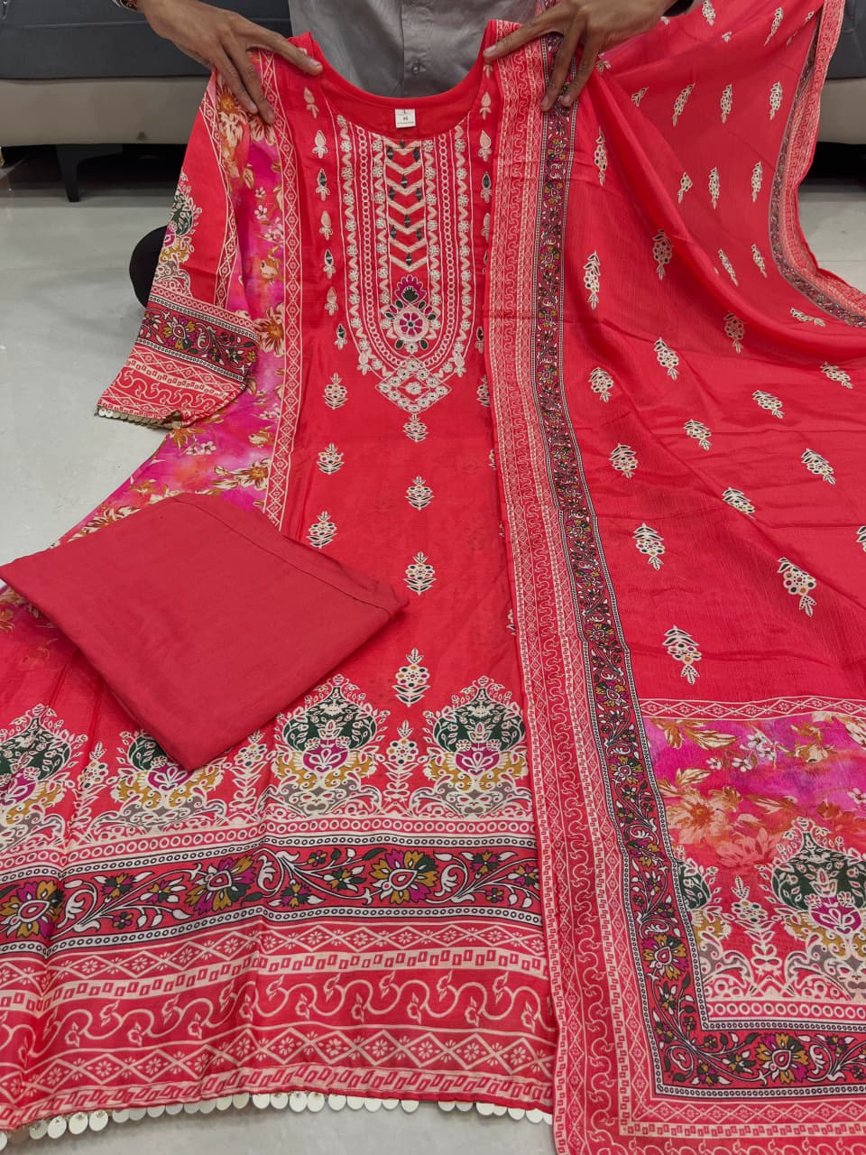 Premium Red Chinon Kurti Pant Dupatta Set