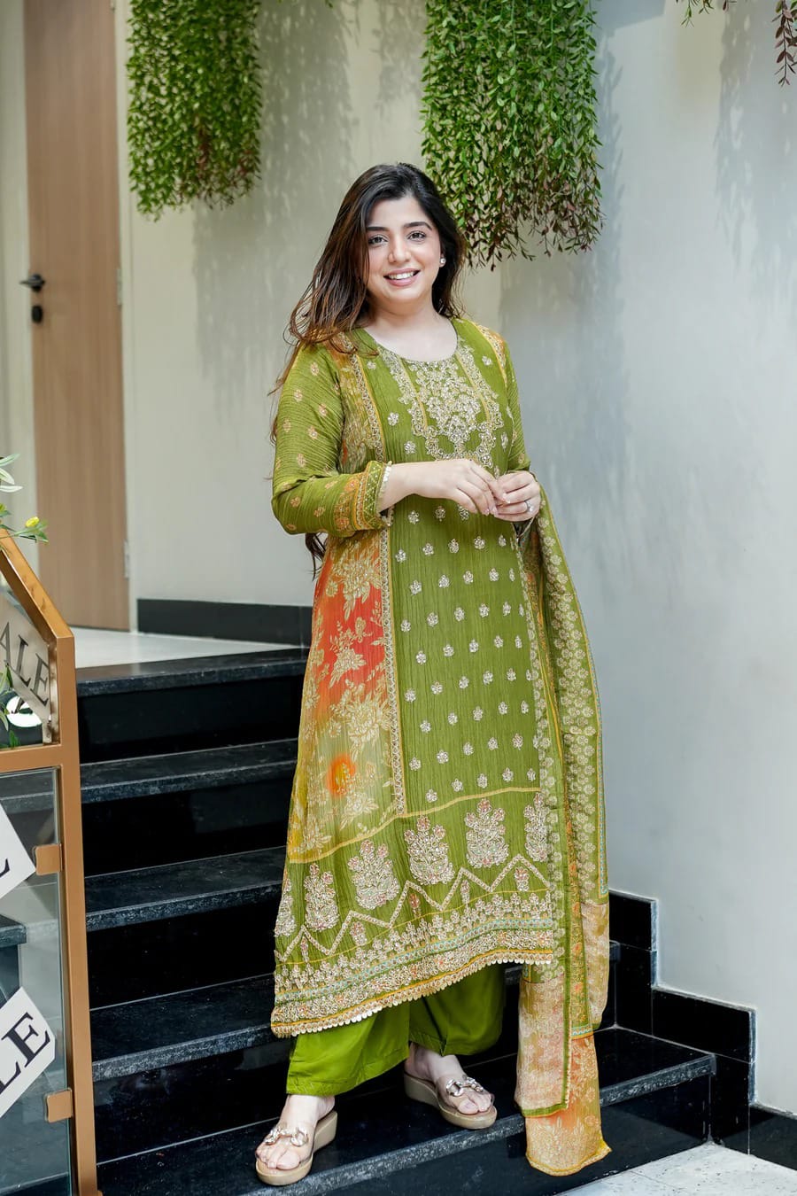 Premium Green Chinon Kurti Pant Dupatta Set