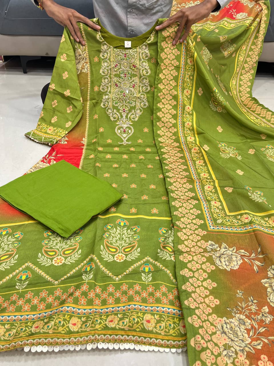 Premium Green Chinon Kurti Pant Dupatta Set