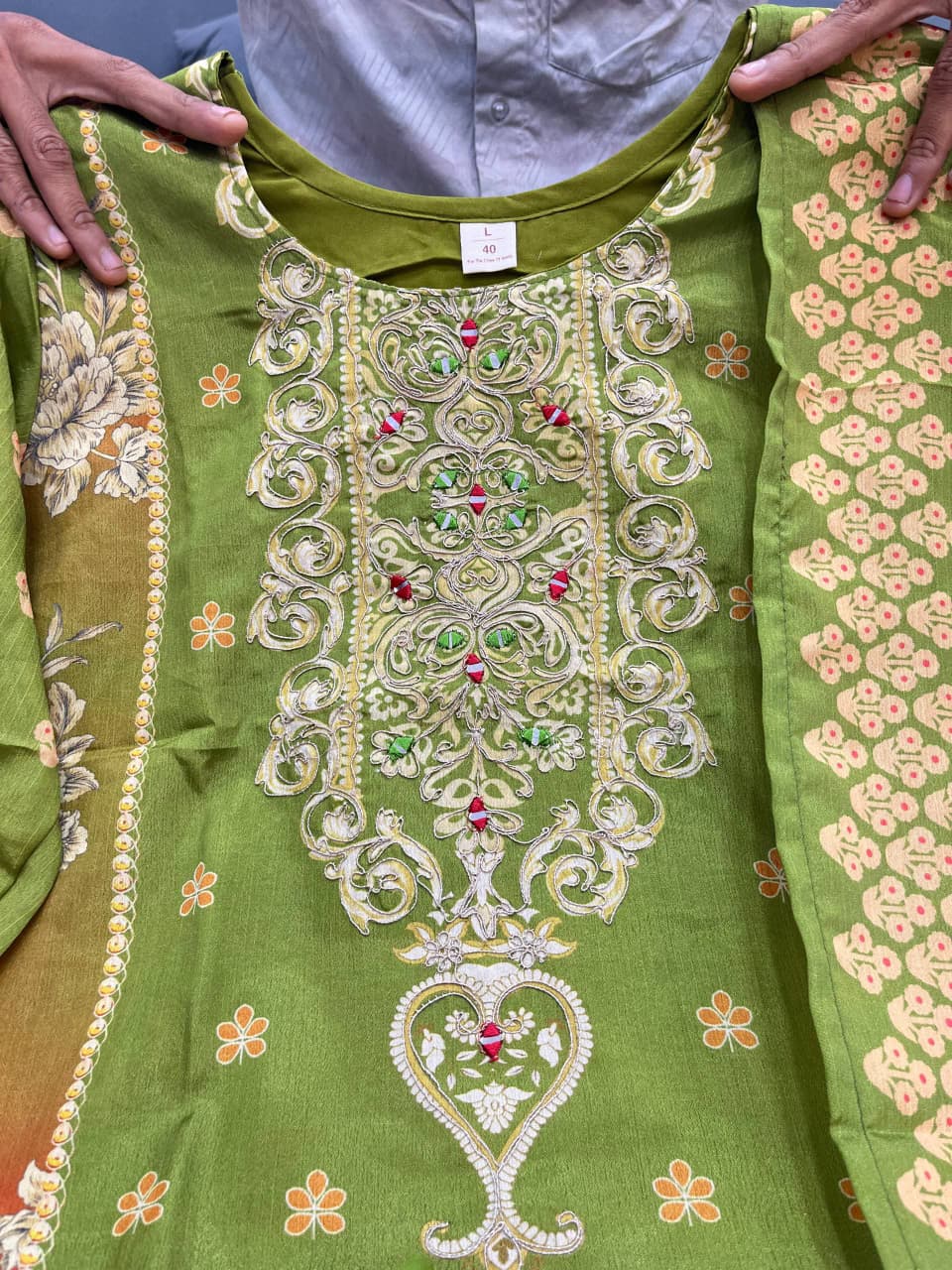 Premium Green Chinon Kurti Pant Dupatta Set