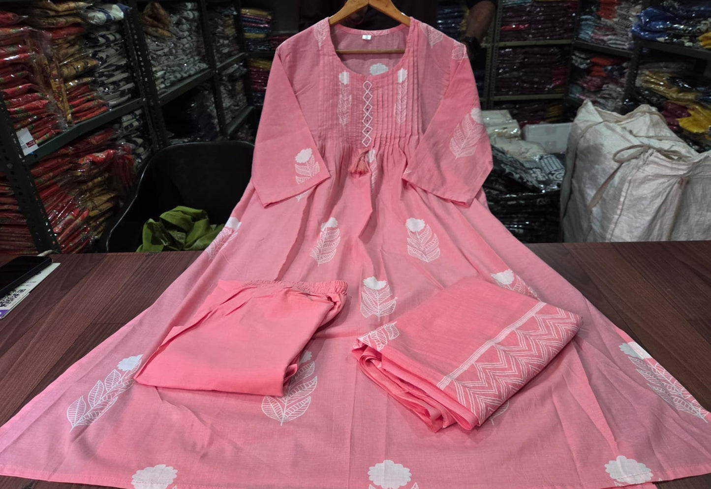 Premium Baby Pink Cotton Kurti Pant Dupatta Set