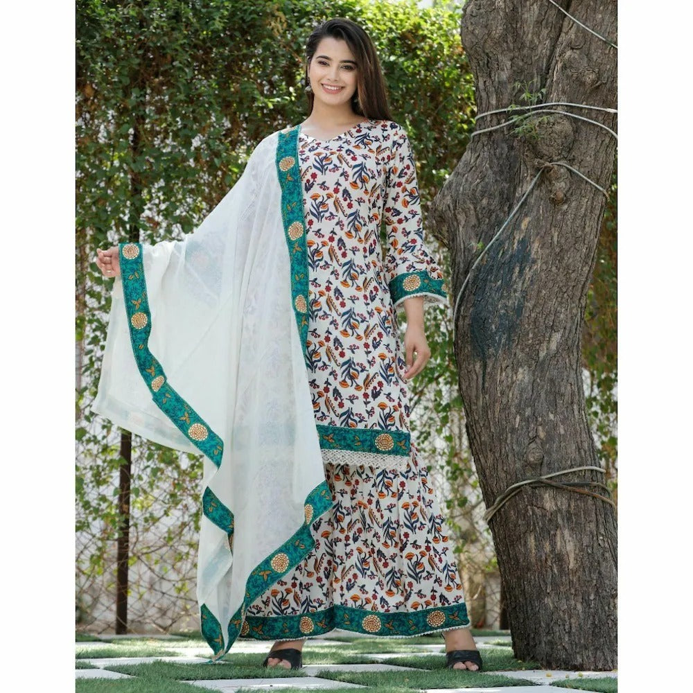 Rayon Printed Kurti Sharara Set with Dupatta