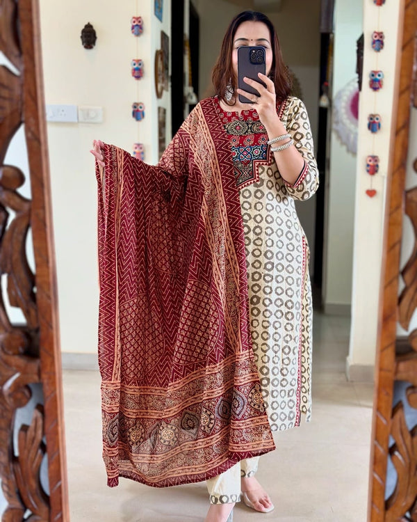 Premium Ajrakh Muslin Suit Set with Dupatta