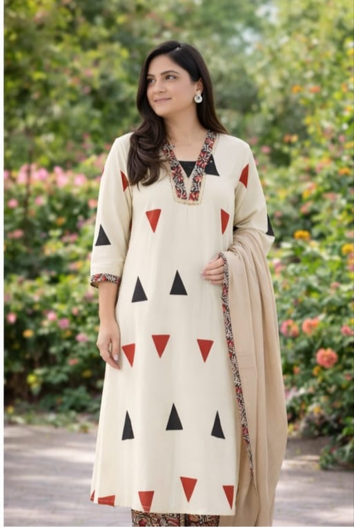 Premium Cotton Kurti Pant Dupatta Set with Katha Work