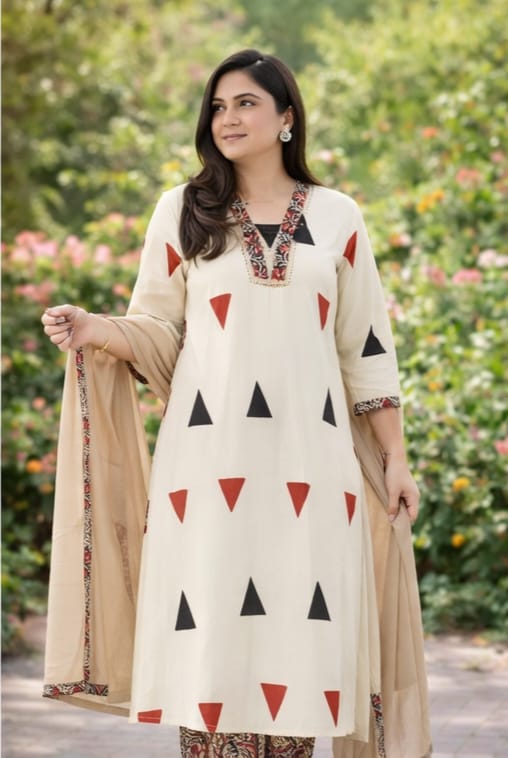 Premium Cotton Kurti Pant Dupatta Set with Katha Work