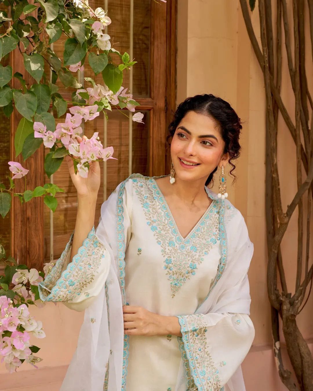 Premium Chanderi Silk Suit Set with Sky Blue Embroidery and Dupatta