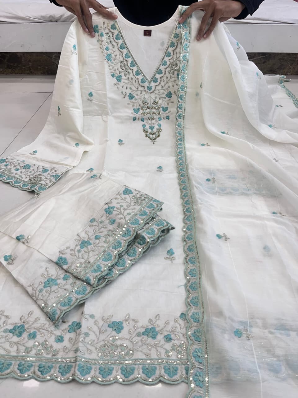 Premium Chanderi Silk Suit Set with Sky Blue Embroidery and Dupatta