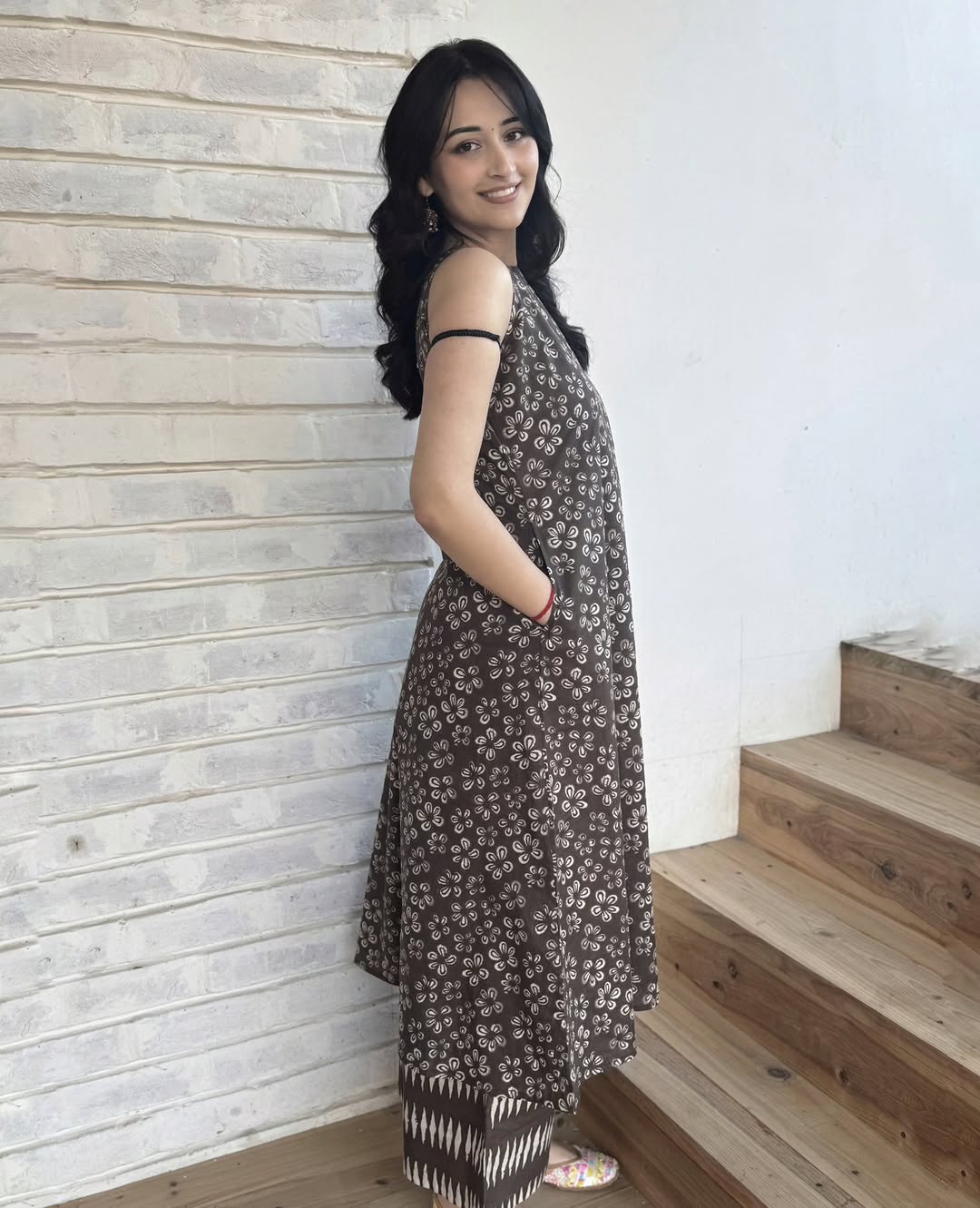Women’s Brown Floral Printed Cotton Halter Neck Kurta Palazzo Set
