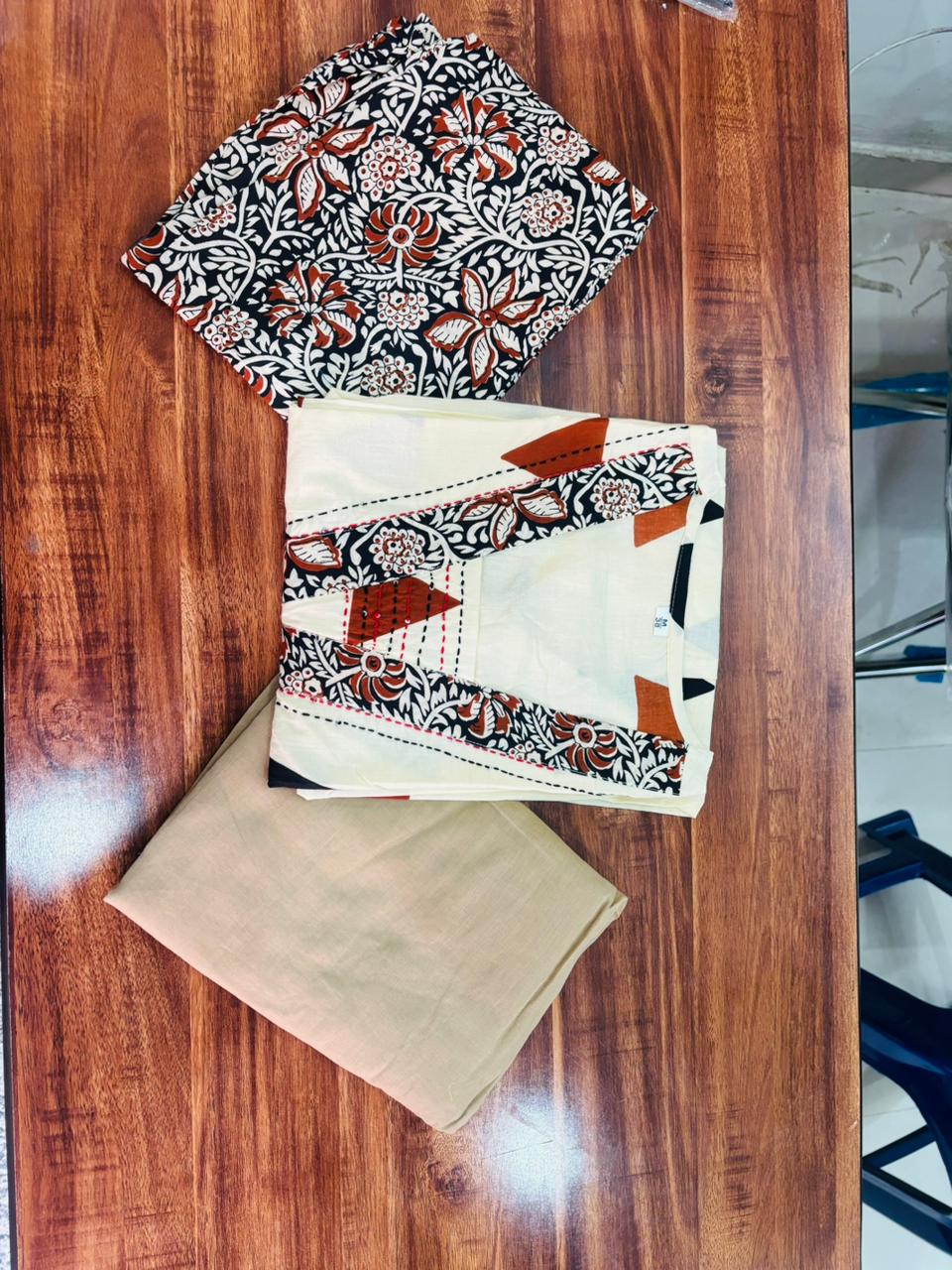 Premium Cotton Kurti Pant Dupatta Set with Katha Work
