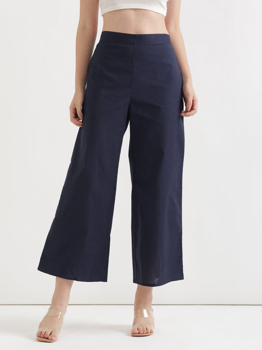 Women Navy Blue Airy Linen Wide Leg Pant
