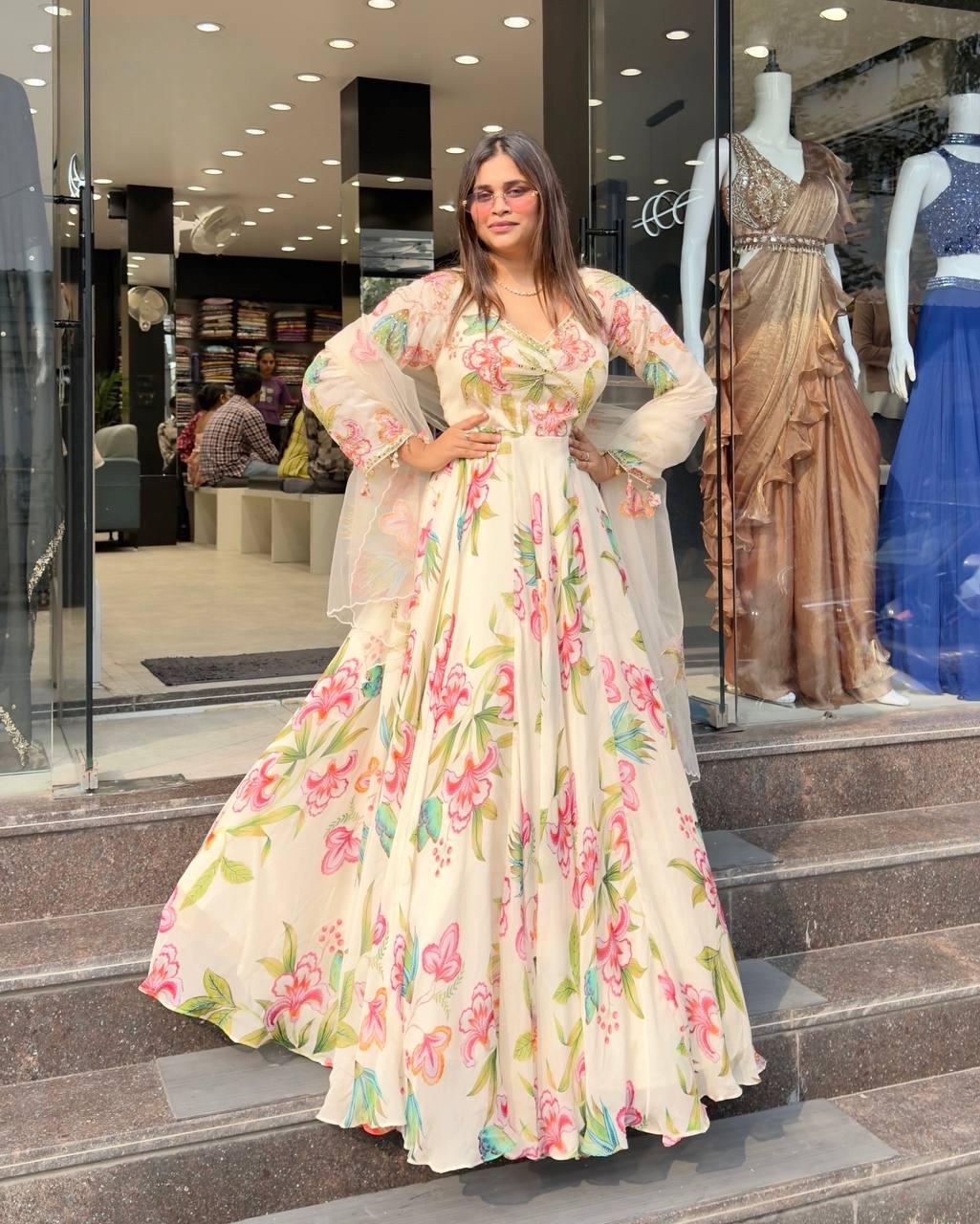 Shehnaz Attire Floral Printed Anarkali Gown Set with Dupatta